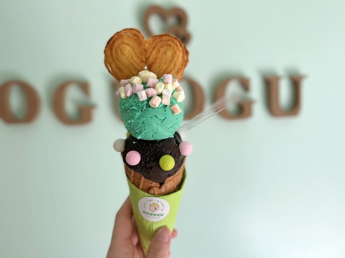 米子市にオープンしたアイスクリーム専門店『OGUOGU ICECREAM（オグオグアイスクリーム）』のダブルトッピングアイス