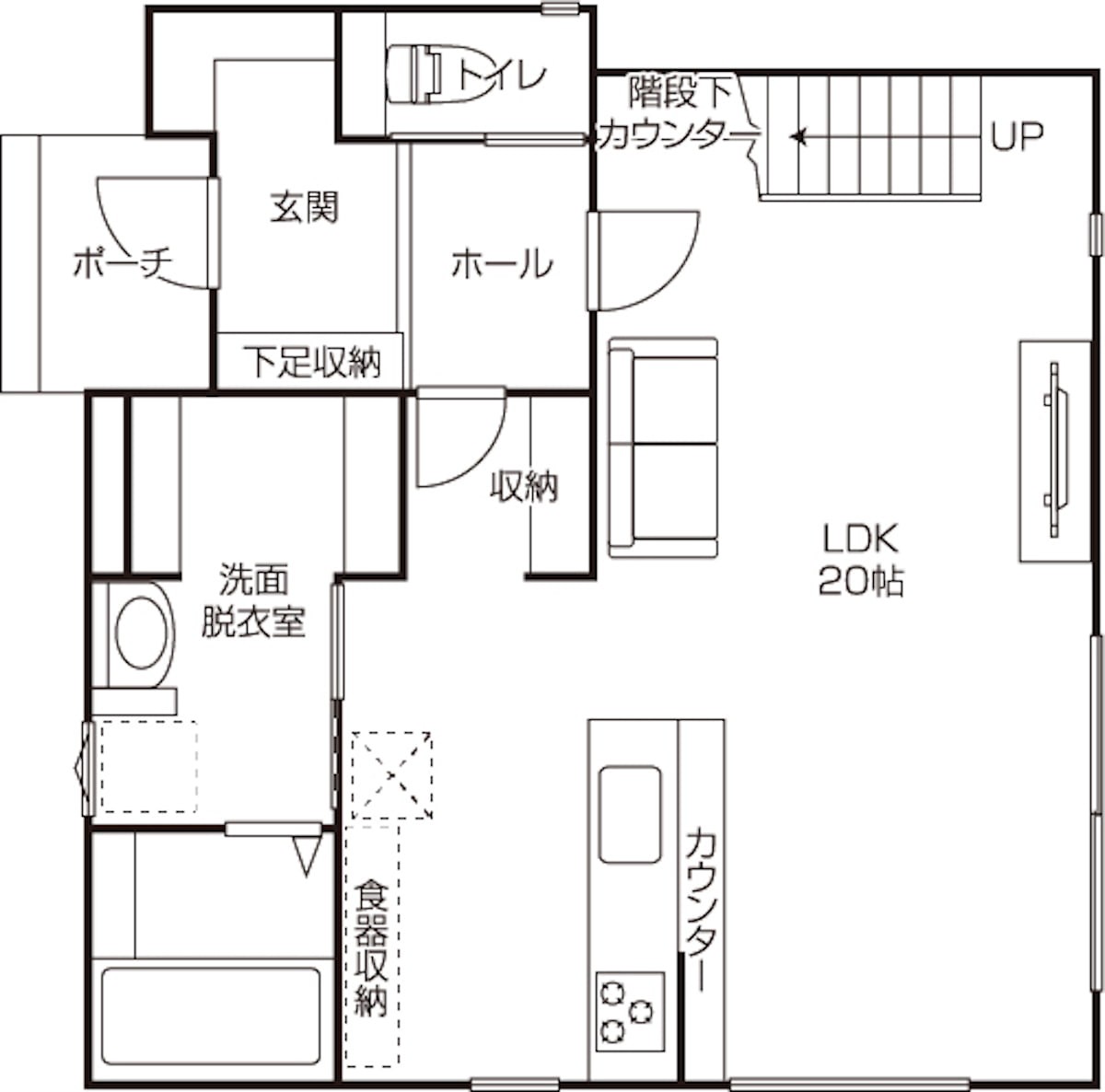 岡山県のおすすめ工務店「さんもく工業」による「イシンホーム」の新築事例の1階間取り図