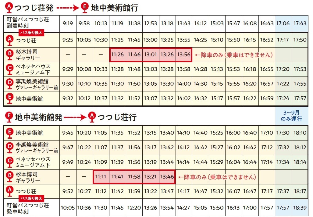 香川県直島町を走る場内無料シャトルバスの時刻表