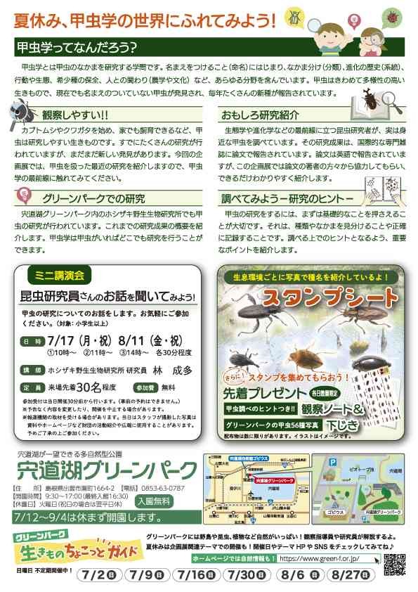 島根県出雲市のイベント「宍道湖グリーンパーク夏の企画展「甲虫を調べよう 甲虫学最前線」」のチラシ