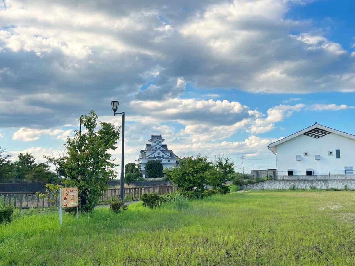 鳥取県米子市にある公園『流通町北公園』から見た『お菓子の壽城』