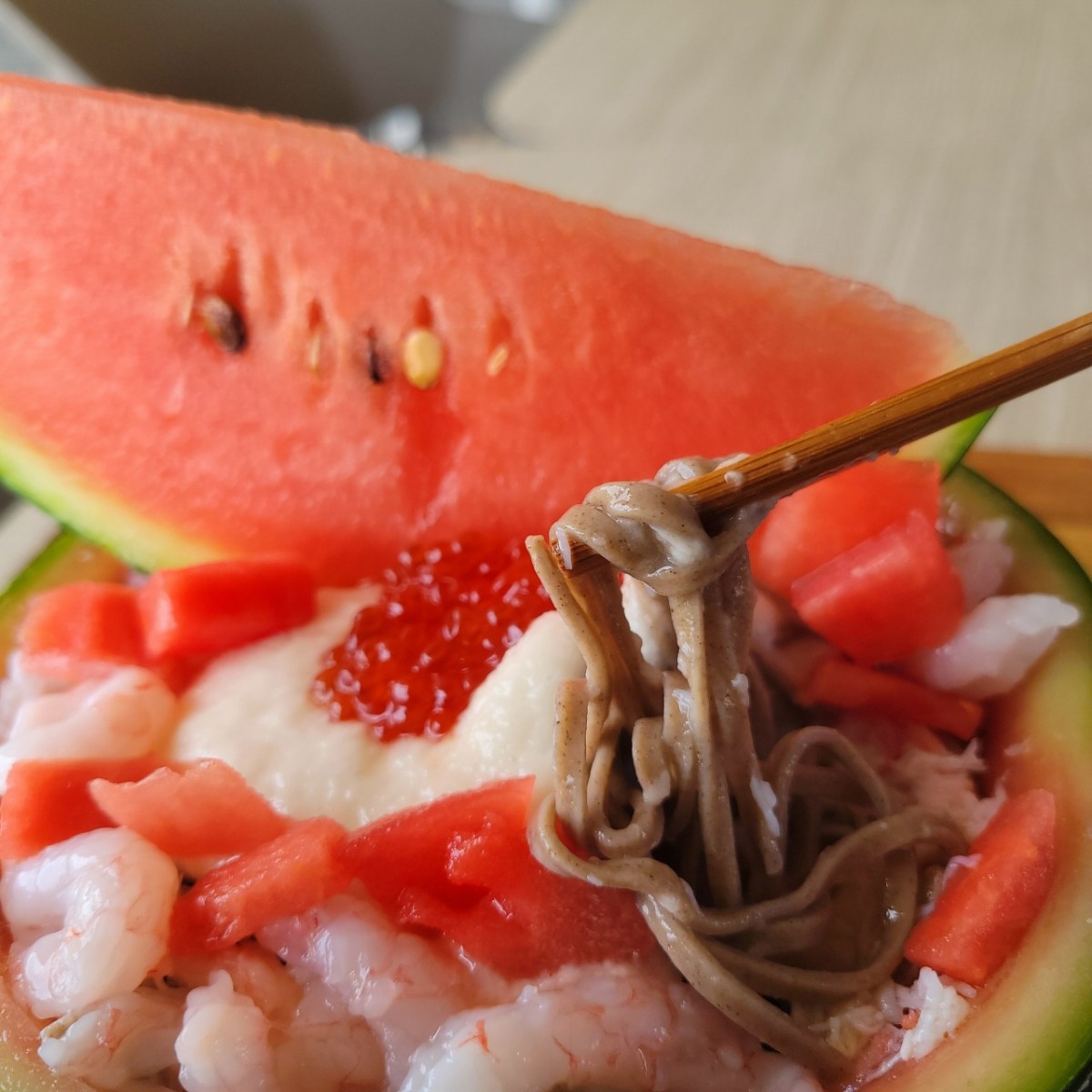 鳥取県北栄町の「道の駅ほうじょう」の「ねばりっこスイカそば」