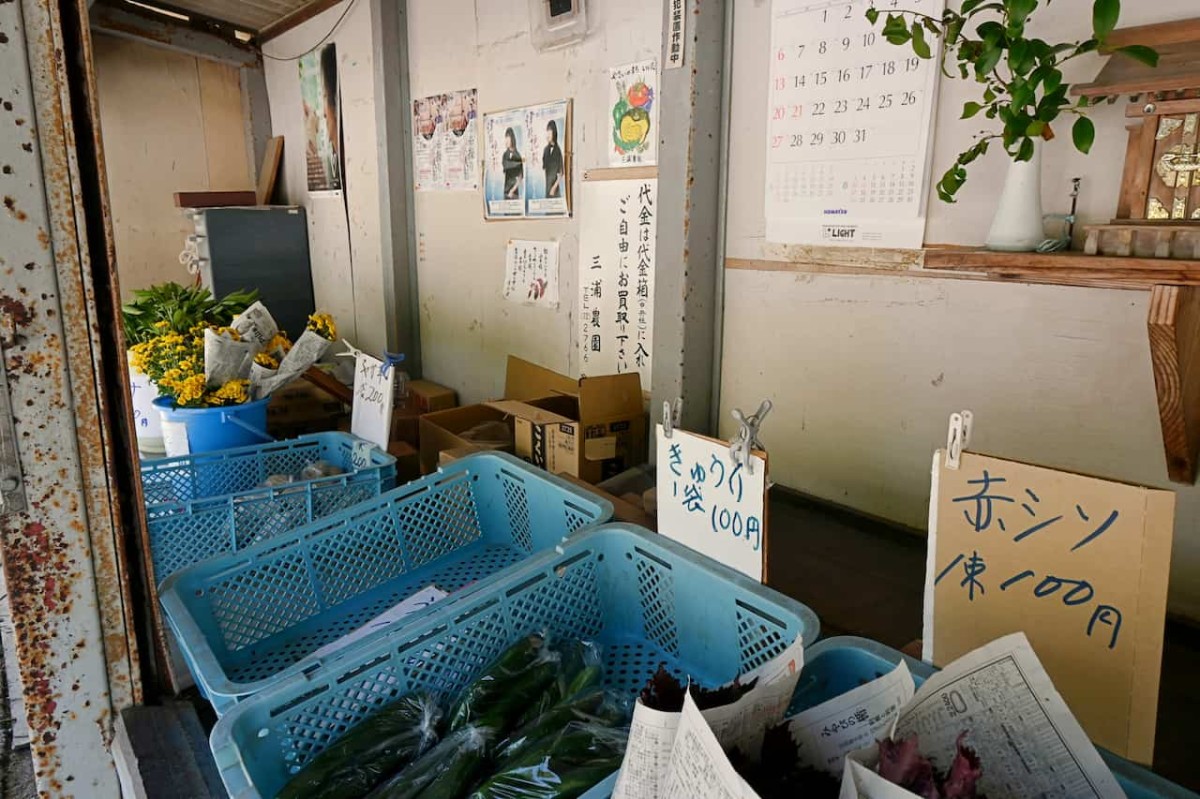 島根県益田市にある『三浦農園 野菜販売所』の陳列棚
