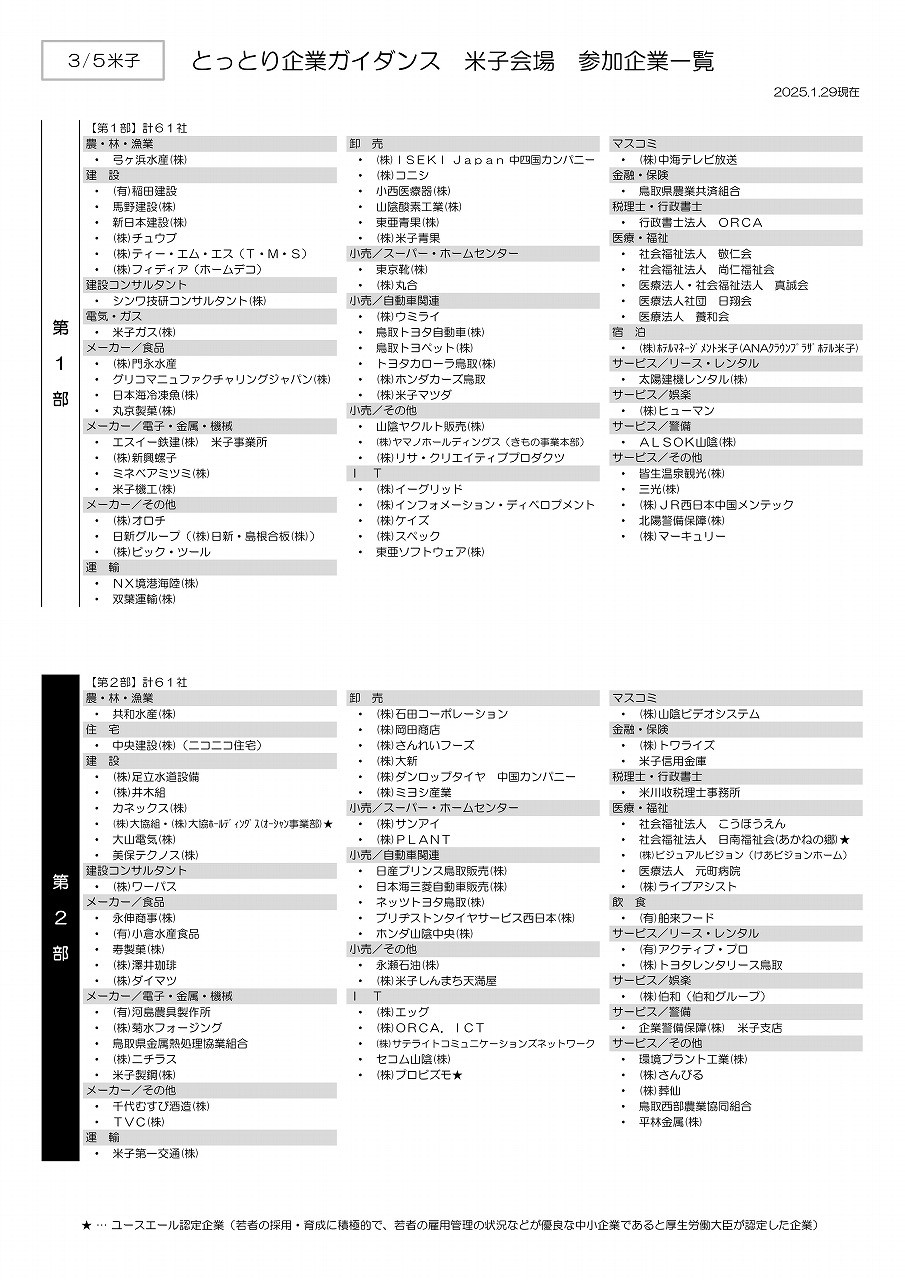 「鳥取企業ガイダンス 米子会場」の出展企業