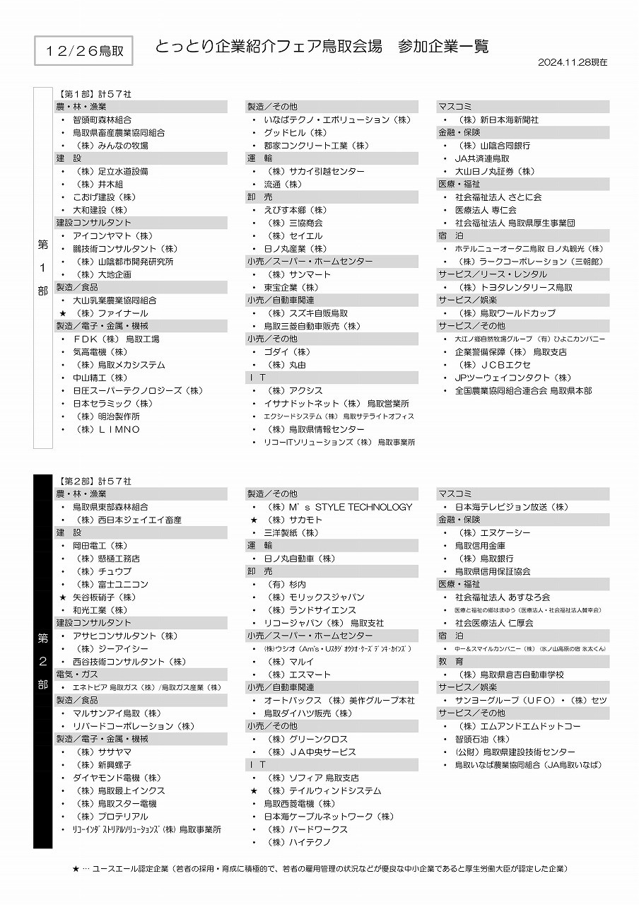 鳥取県鳥取市で行われる『とっとり企業ガイダンス』の参加企業