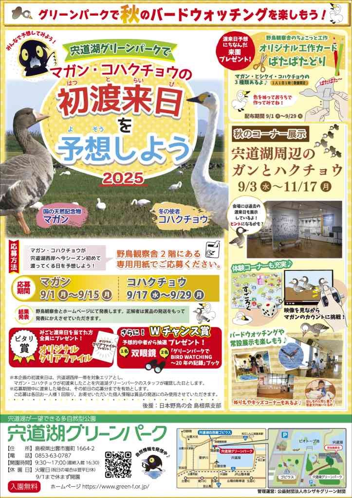 島根県出雲市のイベント「宍道湖グリーンパークでマガン・コハクチョウの初渡来日を予想しよう！2025」のチラシ