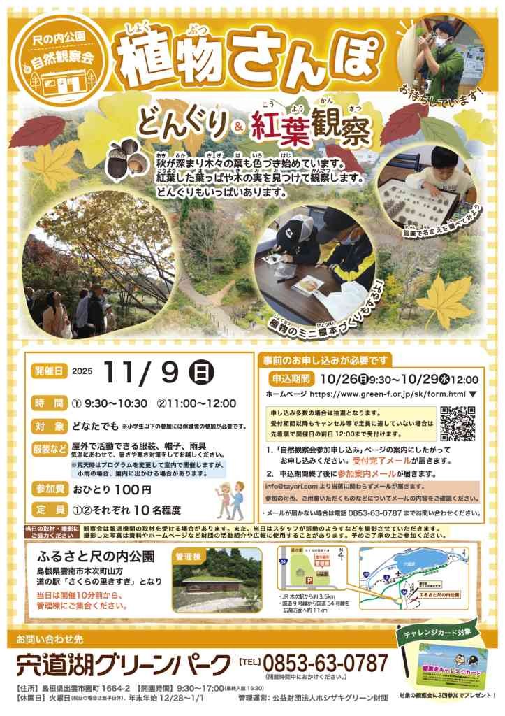 島根県雲南市のイベント「ふるさと尺の内公園自然観察会「植物さんぽ どんぐり&amp;紅葉観察」」のチラシ