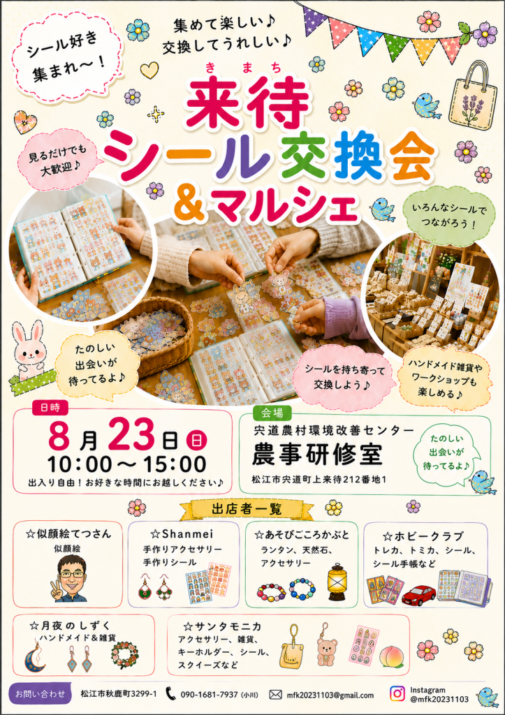 島根県松江市のイベント「来待シール交換会＆マルシェ」のチラシ