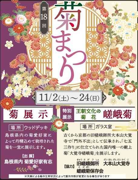 島根県出雲市のイベント「国内唯一の献上菊～大覚寺嵯峨菊～特別展示（しまね花の郷菊まつり）」のチラシ